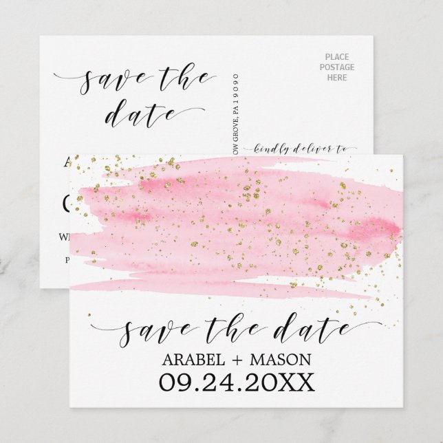 Carte Postale Faire-part Aquarelle rose Blush & Gold Wedding Enregistrer la (Devant / Derrière)