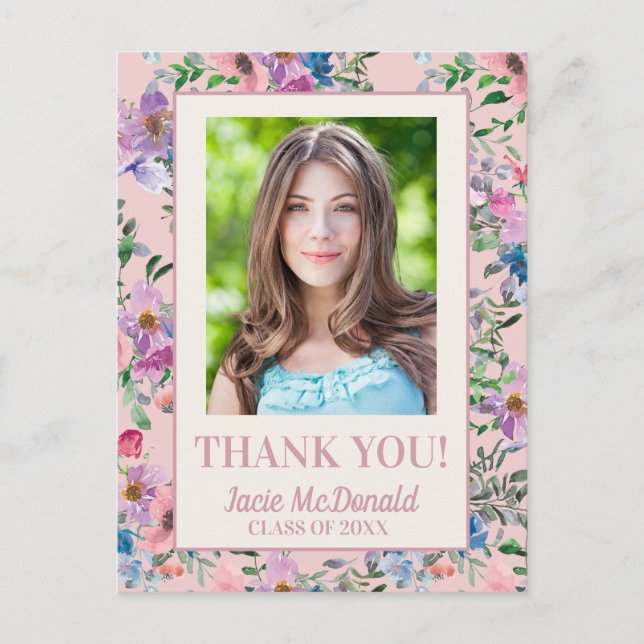 Carte Postale Faire-part Aquarelle rose Merci de graduation florale (Devant)