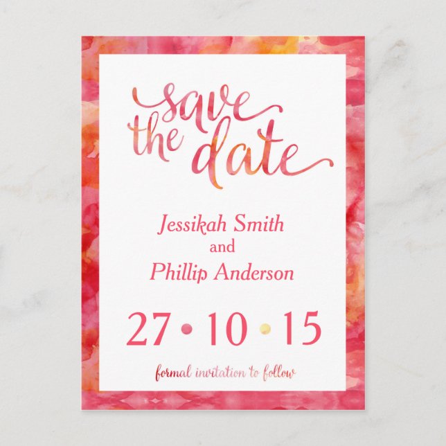 Carte Postale Faire-part Aquarelle rose orange Enregistrer la date (Devant)