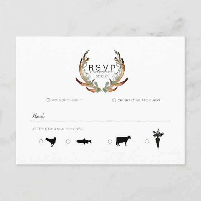 Carte Postale Faire-part Aquarelle rustique Antler & Greenery | RSVP (Devant)