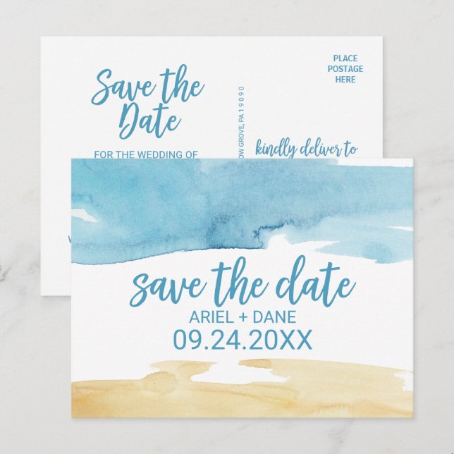 Carte Postale Faire-part Aquarelle Sable et mer Enregistrer la date (Devant / Derrière)