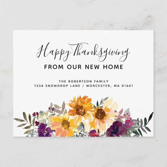 Carte Postale Faire-part Aquarelle Tournesol Thanksgiving Holiday Moving (Devant)