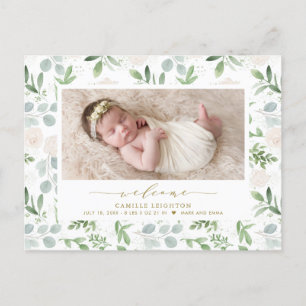 Carte Postale Faire-part Aquarelle Verdure & Fleurs blanches Motif Naissanc