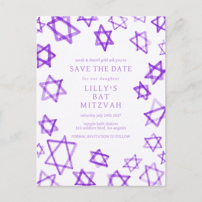 Carte Postale Faire-part Aquarelle violet étoile de David Bar Bat mitzvah (Devant)