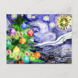 Carte Postale Faire-part Arbre de Noël Nuit Étoilée Aquarelle