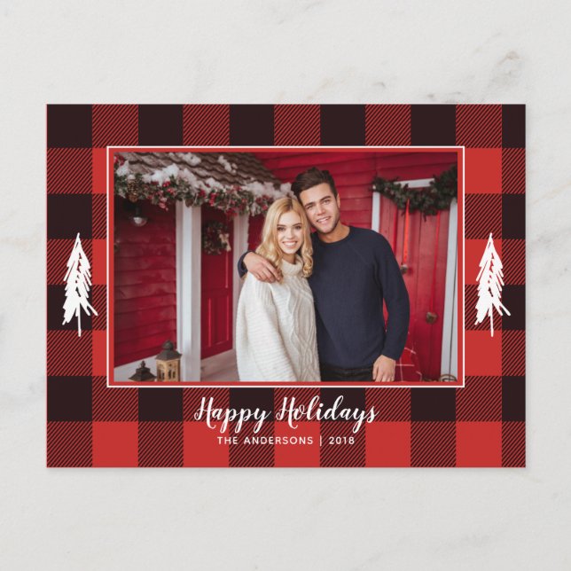 Carte Postale Faire-part Arbre de Noël rouge et noir rustique de flanelle (Devant)