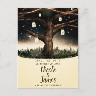 Carte Postale Faire-part Arbre de nuit rustique avec lumières et jarres Enr