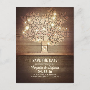 Carte Postale Faire-part Arbre Rustique & Guirlande Lumineuse Save The Date