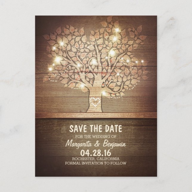 Carte Postale Faire-part Arbre Rustique & Guirlande Lumineuse Save The Date (Devant)