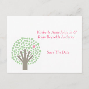 Carte Postale Faire-part Arbre Vert Coeurs Roses Enregistrer La Date