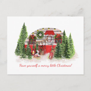 Carte Postale Faire-part Arbres de Noël décorés vintage rouge caravane
