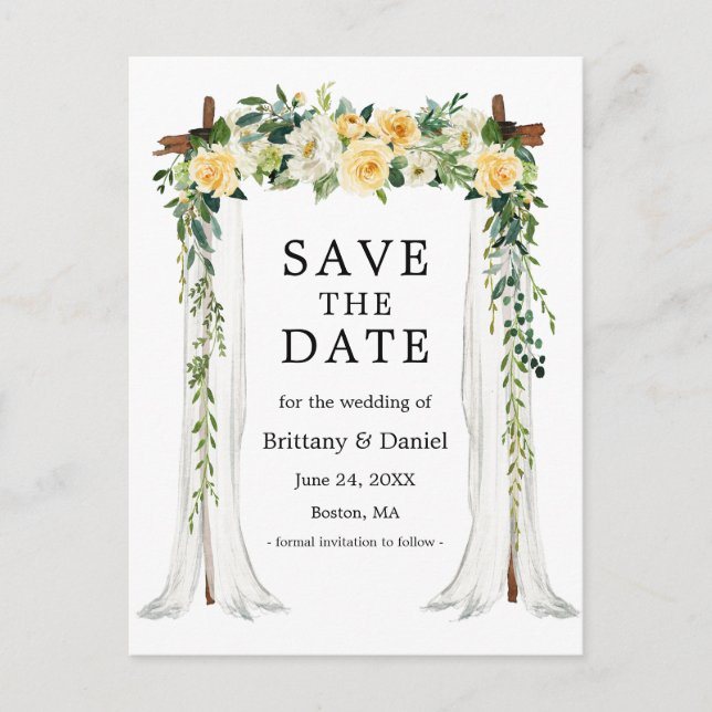 Carte Postale Faire-part Arc à canopée mariage Aquarelle Jaune Floral (Devant)