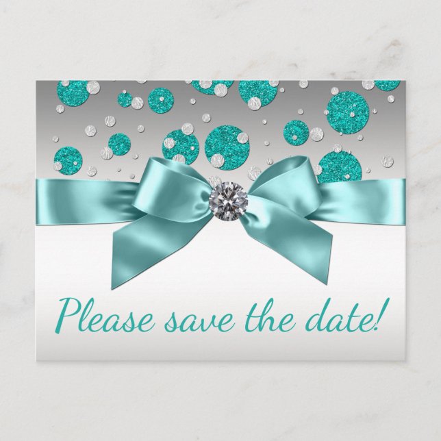 Carte Postale Faire-part Argent Bleu turquoise Enregistrer la date (Devant)