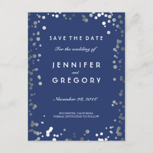 Carte Postale Faire-part Argent Confetti Marine Élégant Enregistrer la date