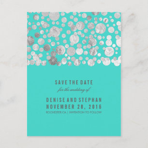 Carte Postale Faire-part Argent Foil Confetti Turquoise Enregistrer la date