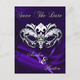 Carte Postale Faire-part Argent Masquerade Joyau pourpre Sauvez La Date