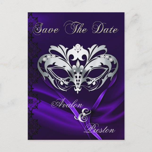 Carte Postale Faire-part Argent Masquerade Joyau pourpre Sauvez La Date (Devant)