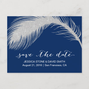 Carte Postale Faire-part Argent Peacock Feather Marine Blue Enregistrer la 