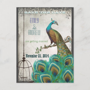 Carte Postale Faire-part Argent Peacock Feathers Birdcage Enregistrer la da
