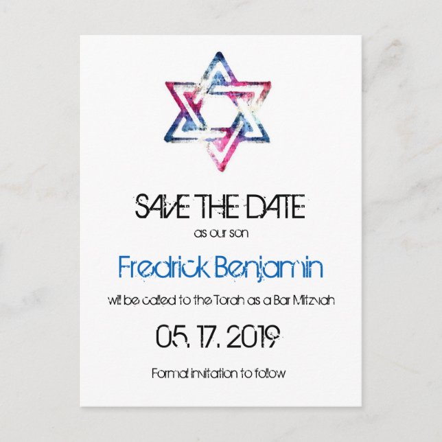 Carte Postale Faire-part Artsy Star de David Bar Bat mitzvah Enregistrer la (Devant)