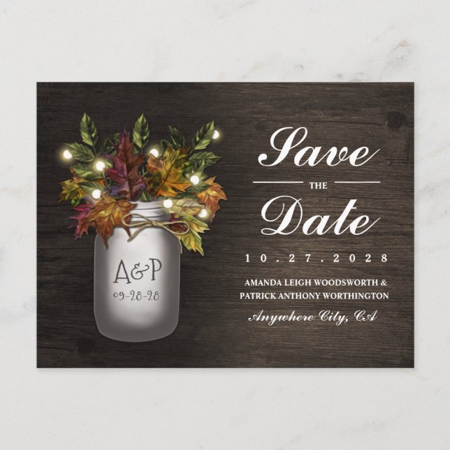 Carte Postale Faire-part Automne Feuilles Mason Jar Rustique Enregistrer Le (Devant)