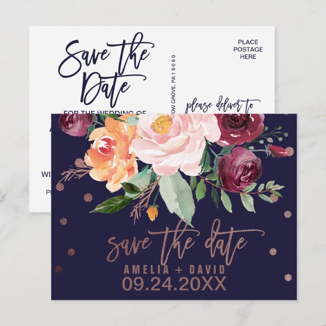 Carte Postale Faire-part Automne Floral Rose Gold Enregistrer la date (Devant / Derrière)