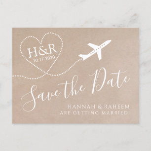 Carte Postale Faire-part Avion Monogram Kraft Destination Date de mariage