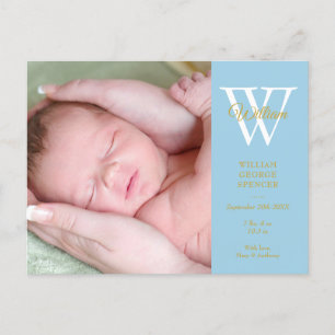 Carte Postale Faire-part Baby Boy 4 Photos Gold Script Monogramme Blue Birt