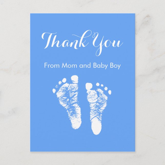 Carte Postale Faire-part Baby Boy Merci mignon bleu Nouveau-né empreintes (Devant)
