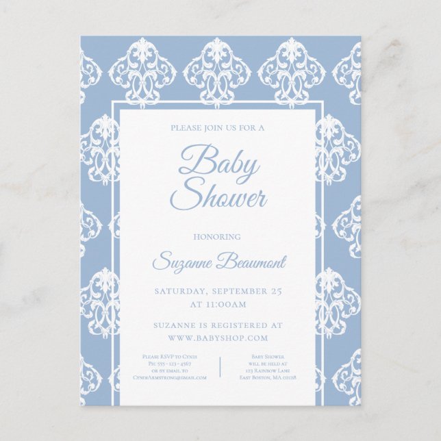 Carte Postale Faire-part Baby shower blanc bleu foncé moderne Boho (Devant)