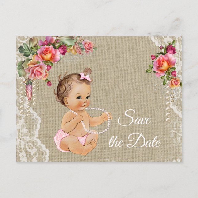 Carte Postale Faire-part Baby shower de dentelle Burlap Enregistrer la date (Devant)