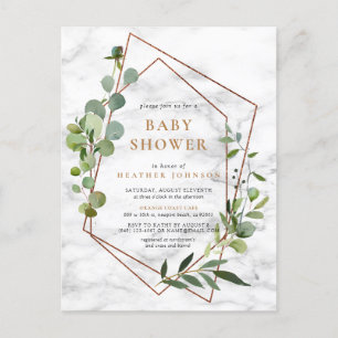 Carte Postale Faire-part Baby shower en marbre Eucalyptus géométrique en cu
