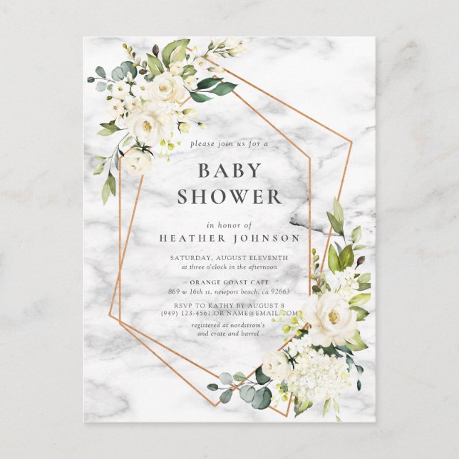 Carte Postale Faire-part Baby shower floral blanc géométrique en marbre de  (Devant)