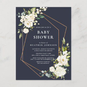 Carte Postale Faire-part Baby Shower Floral Bleu Blanc Géométrique Cuivre