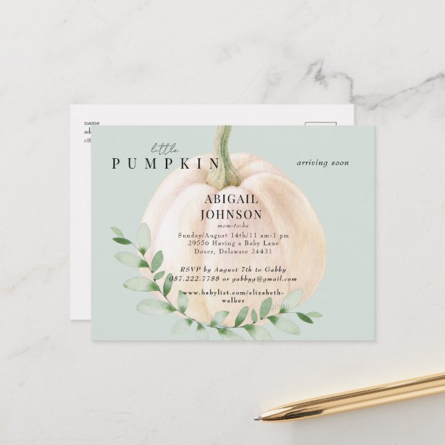 Carte Postale Faire-part Baby shower Little Citrouille Sage (Devant/Arrière en situation)