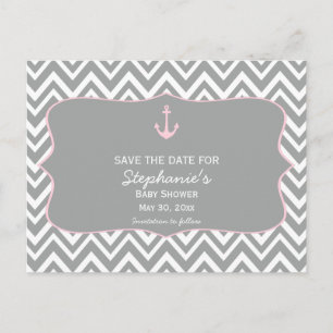 Carte Postale Faire-part Baby shower nautique gris et rose pastel Chevron