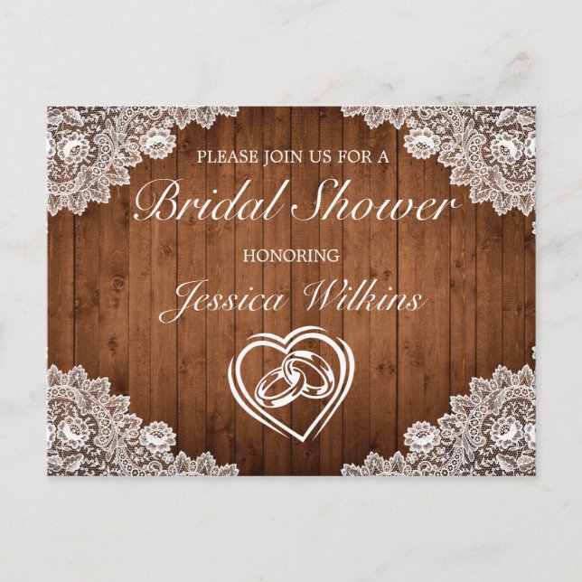 Carte Postale Faire-part Baby Shower Rustique Bois & Dentelle Blanche (Devant)