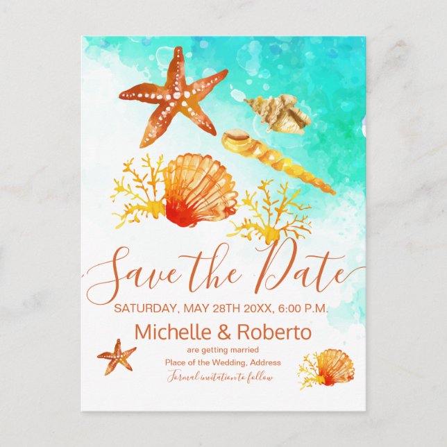 Carte Postale Faire-part Background tropical beach watercolor save the date (Devant)