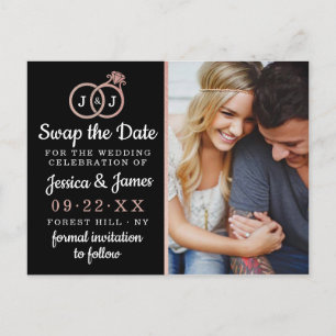 Carte Postale Faire-part Bagues de mariage à monogramme chic Sauvegarder ou