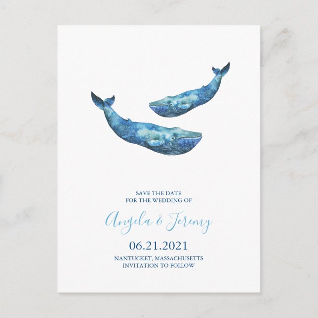 Carte Postale Faire-part Baleine bleue aquarelle Save the Date (Devant)