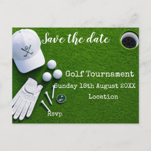 Carte Postale Faire-part Balle de golf avec club de golf sur vert enregistr