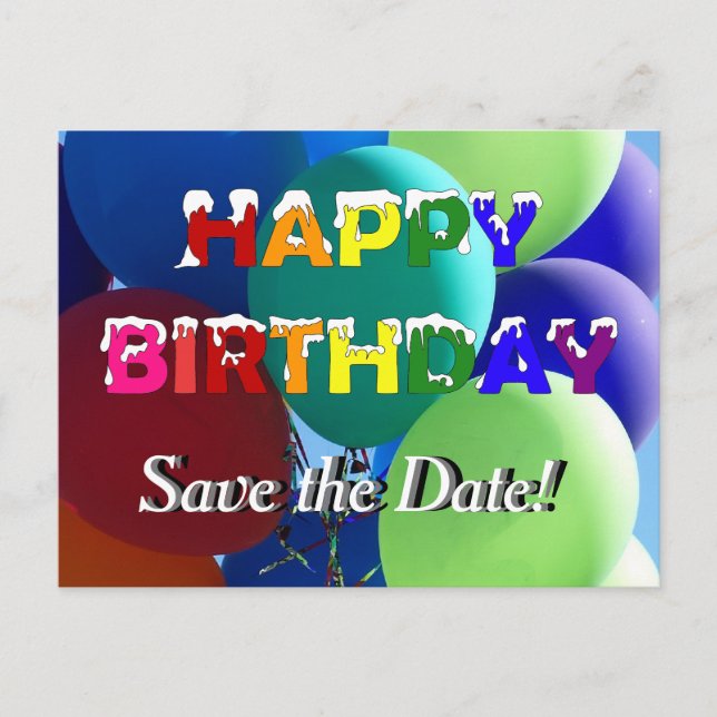 Carte Postale Faire-part Balloon Rainbow Birthday Enregistrer la date (Devant)