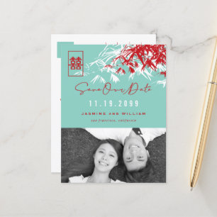 Carte Postale Faire-part Bambou Feuilles Double Bonheur Photo Enregistrer L