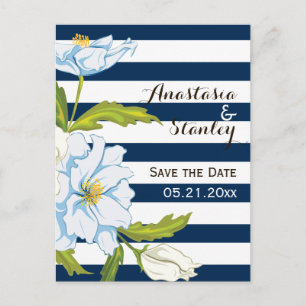 Carte Postale Faire-part Bande bleu foncé & mariage de fleurs Enregistrer l