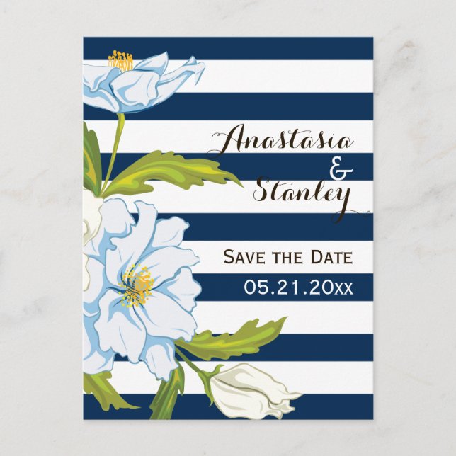 Carte Postale Faire-part Bande bleu foncé & mariage de fleurs Enregistrer l (Devant)