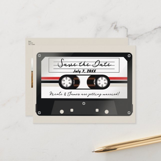 Carte Postale Faire-part Bande de cassette rétro Beige Grey 90's Enregistre (Devant/Arrière en situation)