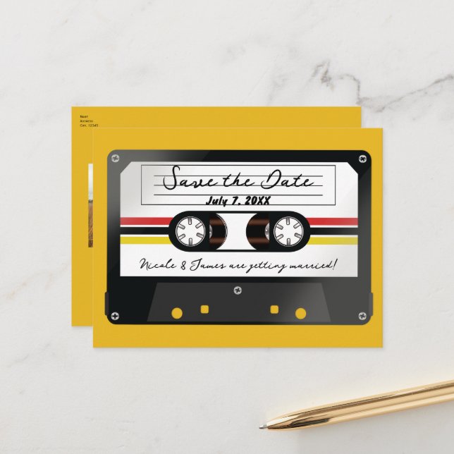 Carte Postale Faire-part Bande de cassette rétro Jaune 90's Enregistrer la  (Devant/Arrière en situation)