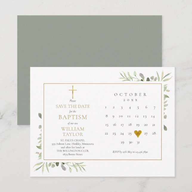 Carte Postale Faire-part Baptême Christening Green Save The Date (Devant / Derrière)