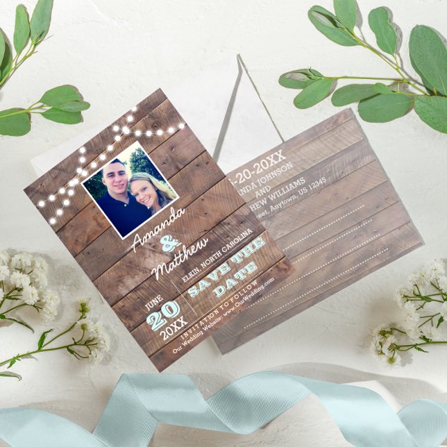 Carte Postale Faire-part Barnwood Lights Aqua Mariage Enregistrer la Date (Créateur téléchargé)