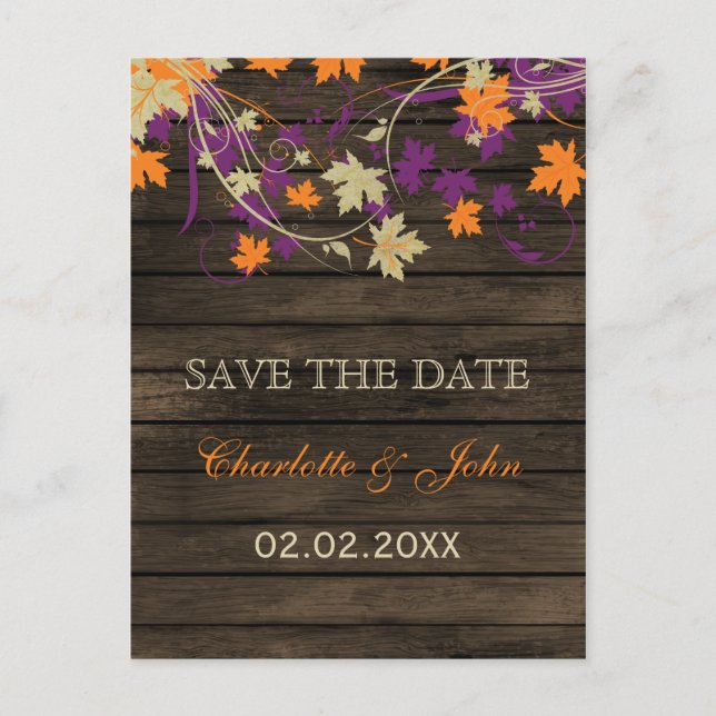 Carte Postale Faire-part Barnwood Rustic prum feuilles tomber enregistrer l (Devant)